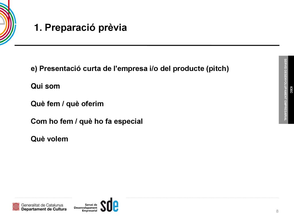 1. Preparació prèvia e) Presentació curta de l empresa i/o del producte (pitch) Qui som. Què fem / què oferim.