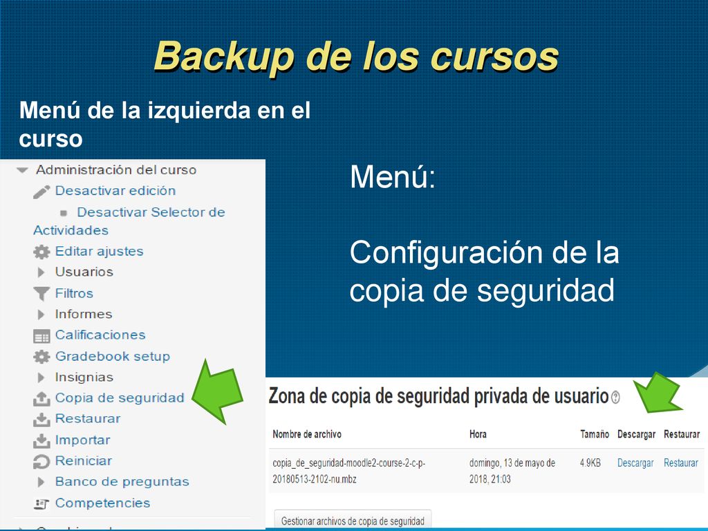 Backup de los cursos Menú: Configuración de la copia de seguridad