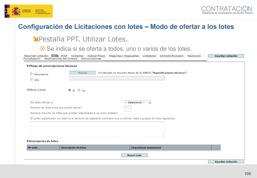 Configuración de Licitaciones con lotes – Modo de ofertar a los lotes