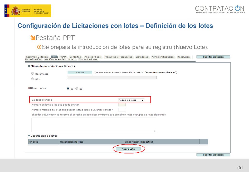 Configuración de Licitaciones con lotes – Definición de los lotes