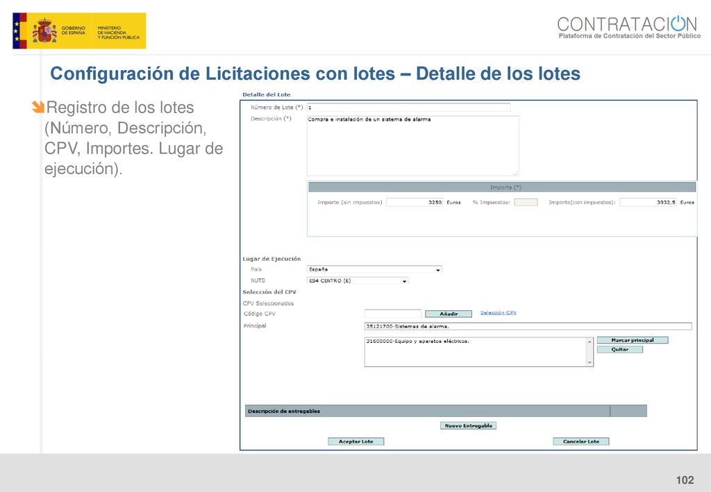 Configuración de Licitaciones con lotes – Detalle de los lotes