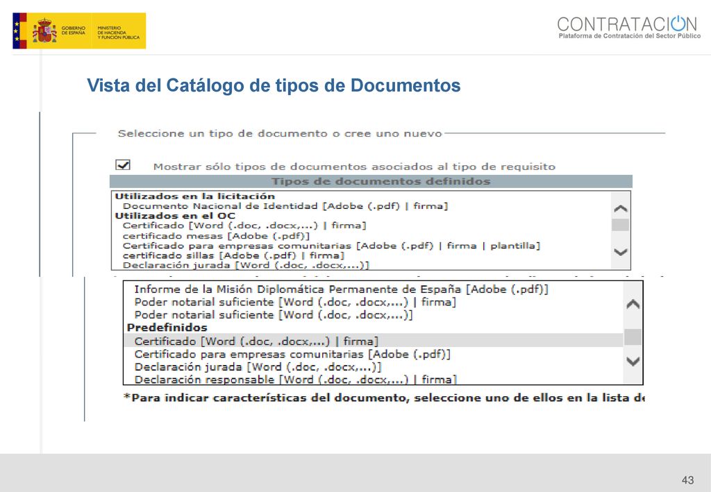 Vista del Catálogo de tipos de Documentos