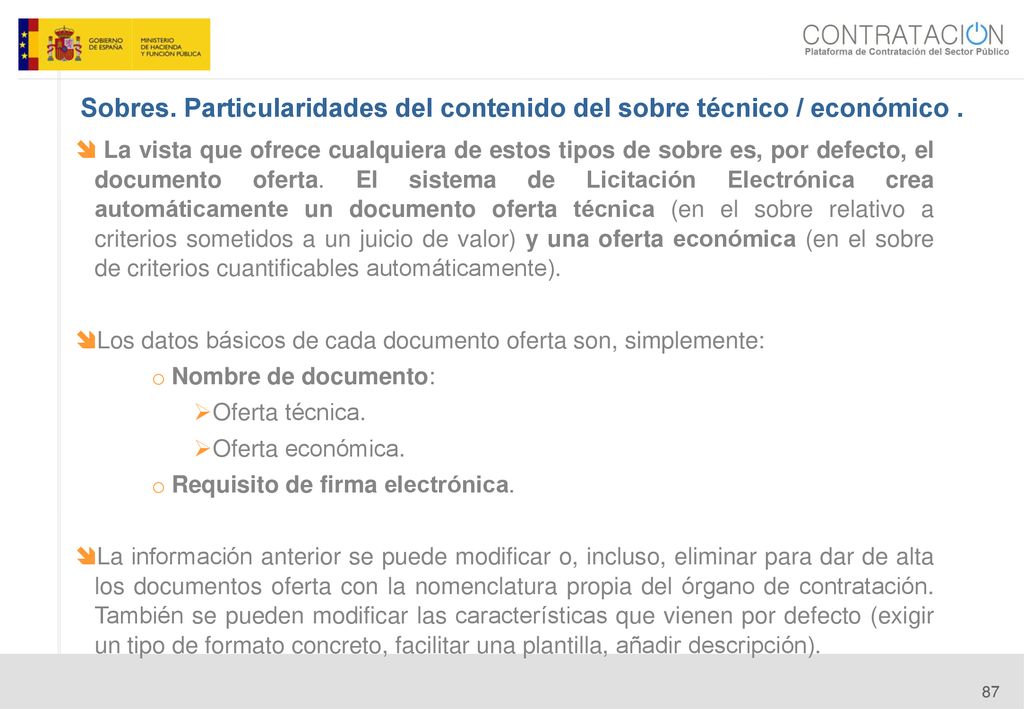 Sobres. Particularidades del contenido del sobre técnico / económico .