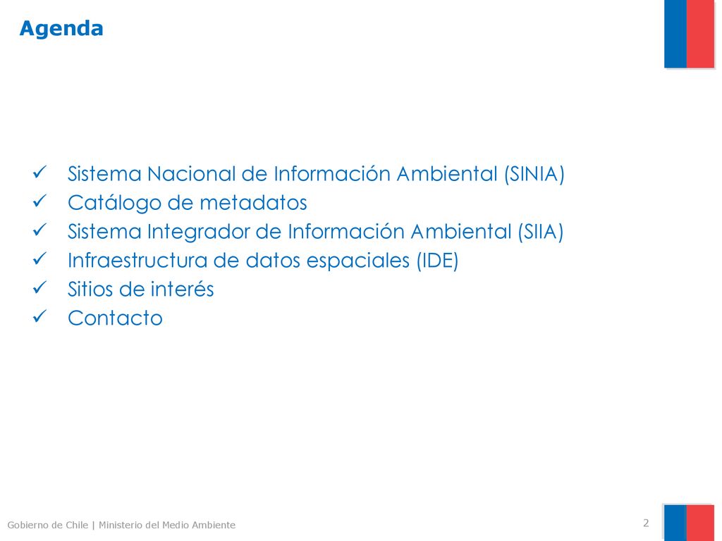 Agenda Sistema Nacional de Información Ambiental (SINIA) Catálogo de metadatos. Sistema Integrador de Información Ambiental (SIIA)