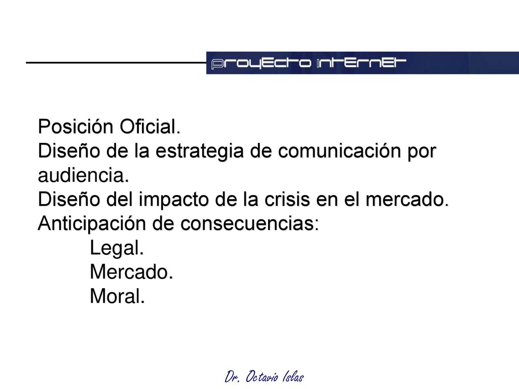 Posición Oficial. Diseño de la estrategia de comunicación por audiencia. Diseño del impacto de la crisis en el mercado. Anticipación de consecuencias: Legal. Mercado. Moral.