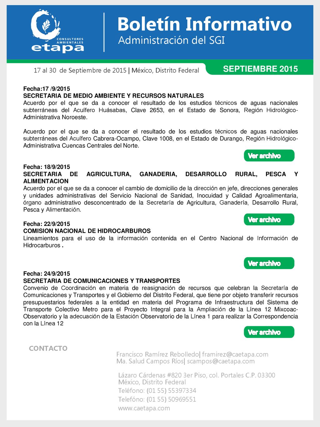 Boletín Informativo Administración del SGI SEPTIEMBRE 2015 Ver archivo