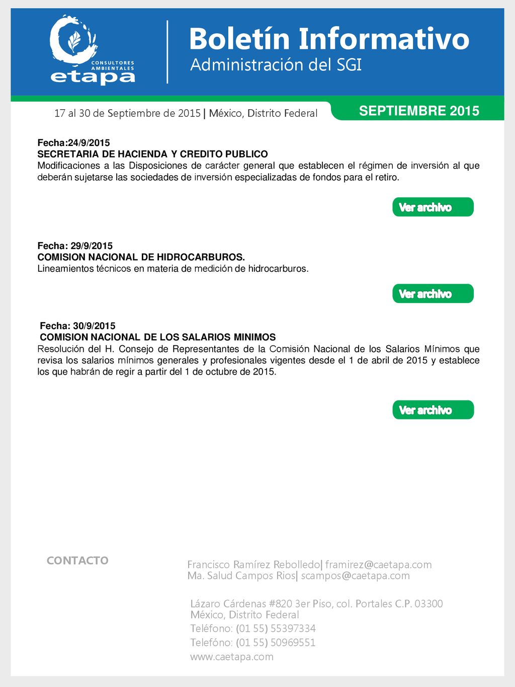 Boletín Informativo Administración del SGI SEPTIEMBRE 2015 Ver archivo