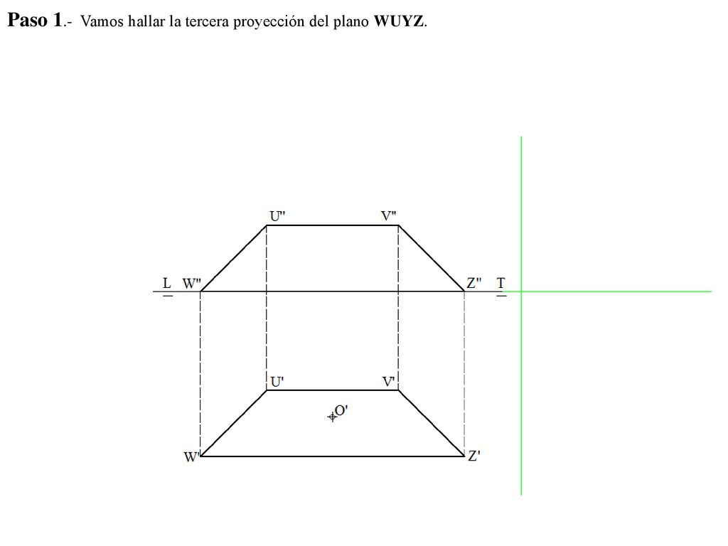 Paso 1.- Vamos hallar la tercera proyección del plano WUYZ.