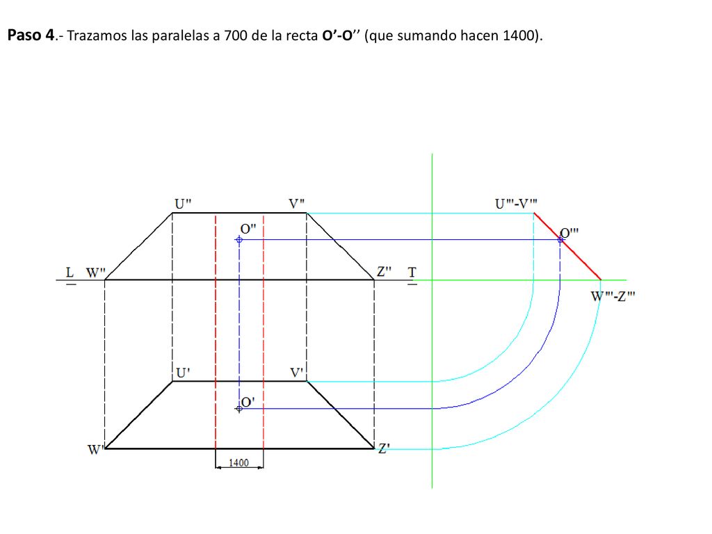 Paso 4.- Trazamos las paralelas a 700 de la recta O’-O’’ (que sumando hacen 1400).