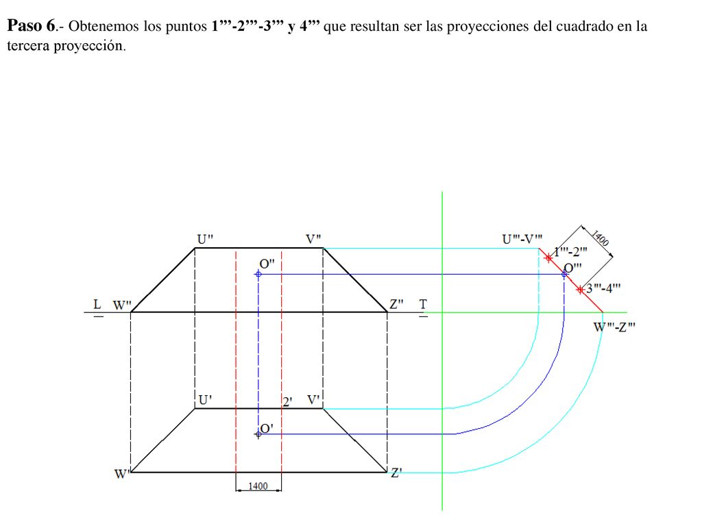 Paso 6.- Obtenemos los puntos 1’’’-2’’’-3’’’ y 4’’’ que resultan ser las proyecciones del cuadrado en la tercera proyección.
