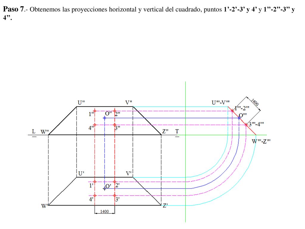 Paso 7.- Obtenemos las proyecciones horizontal y vertical del cuadrado, puntos 1’-2’-3’ y 4’ y 1’’-2’’-3’’ y 4’’.