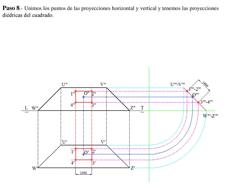 Paso 8.- Unimos los puntos de las proyecciones horizontal y vertical y tenemos las proyecciones diédricas del cuadrado.
