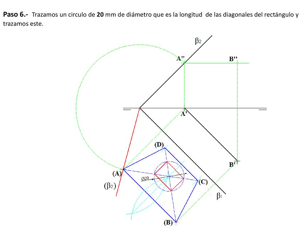 Paso 6.- Trazamos un circulo de 20 mm de diámetro que es la longitud de las diagonales del rectángulo y trazamos este.
