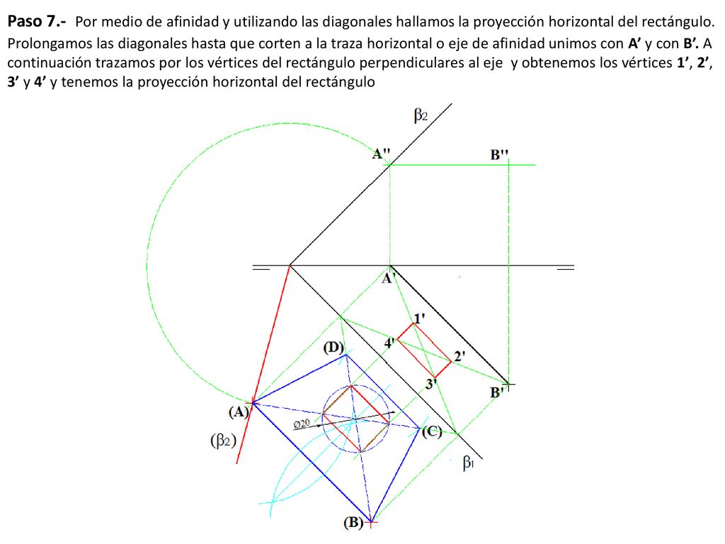 Paso 7.- Por medio de afinidad y utilizando las diagonales hallamos la proyección horizontal del rectángulo.