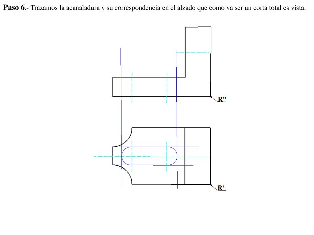 Paso 6.- Trazamos la acanaladura y su correspondencia en el alzado que como va ser un corta total es vista.