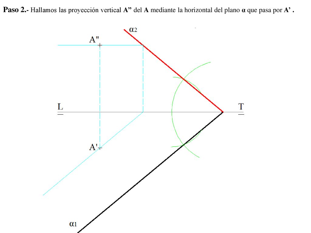 Paso 2.- Hallamos las proyección vertical A’’ del A mediante la horizontal del plano α que pasa por A’ .