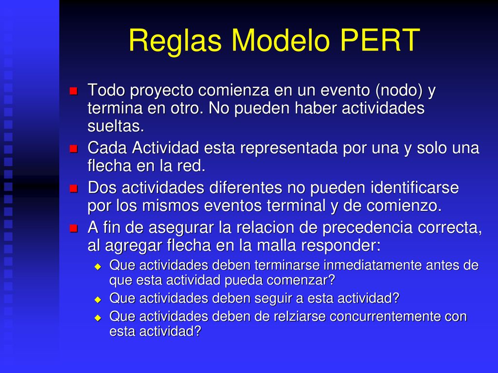 Reglas Modelo PERT Todo proyecto comienza en un evento (nodo) y termina en otro. No pueden haber actividades sueltas.