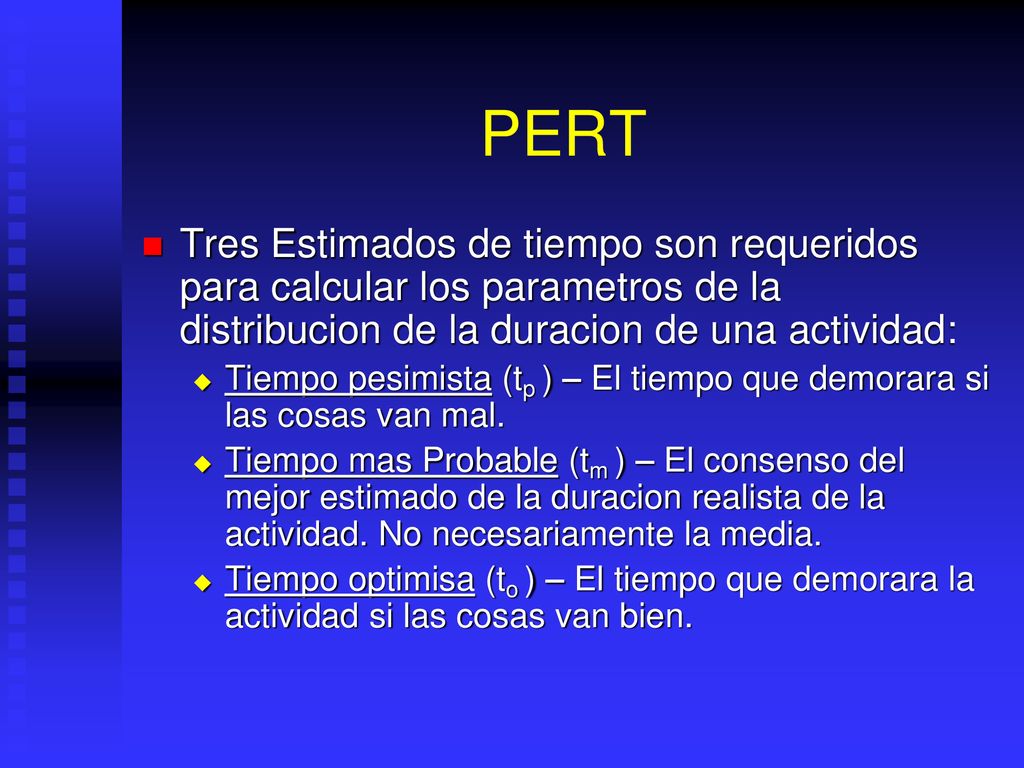 PERT Tres Estimados de tiempo son requeridos para calcular los parametros de la distribucion de la duracion de una actividad: