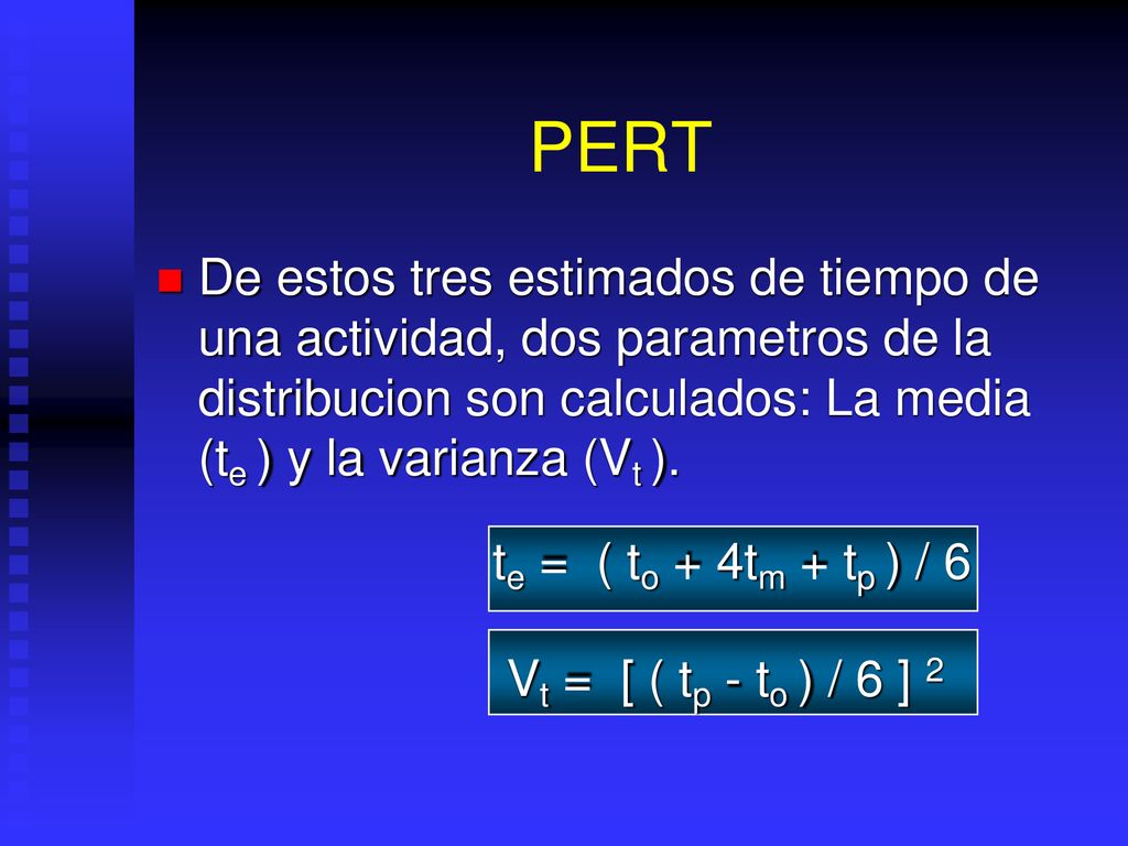 PERT De estos tres estimados de tiempo de una actividad, dos parametros de la distribucion son calculados: La media (te ) y la varianza (Vt ).