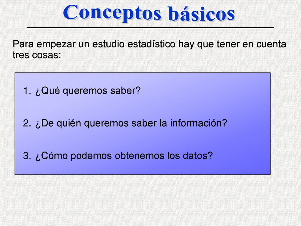 Conceptos básicos Para empezar un estudio estadístico hay que tener en cuenta tres cosas: ¿Qué queremos saber