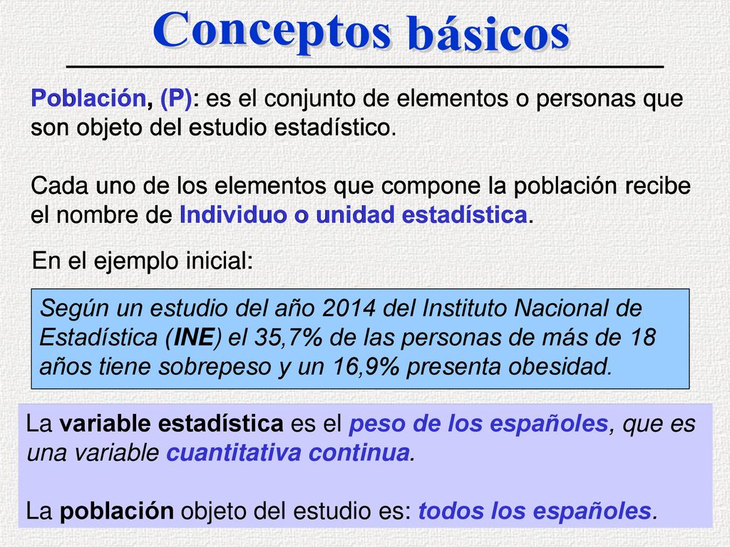 Conceptos básicos Población, (P): es el conjunto de elementos o personas que son objeto del estudio estadístico.