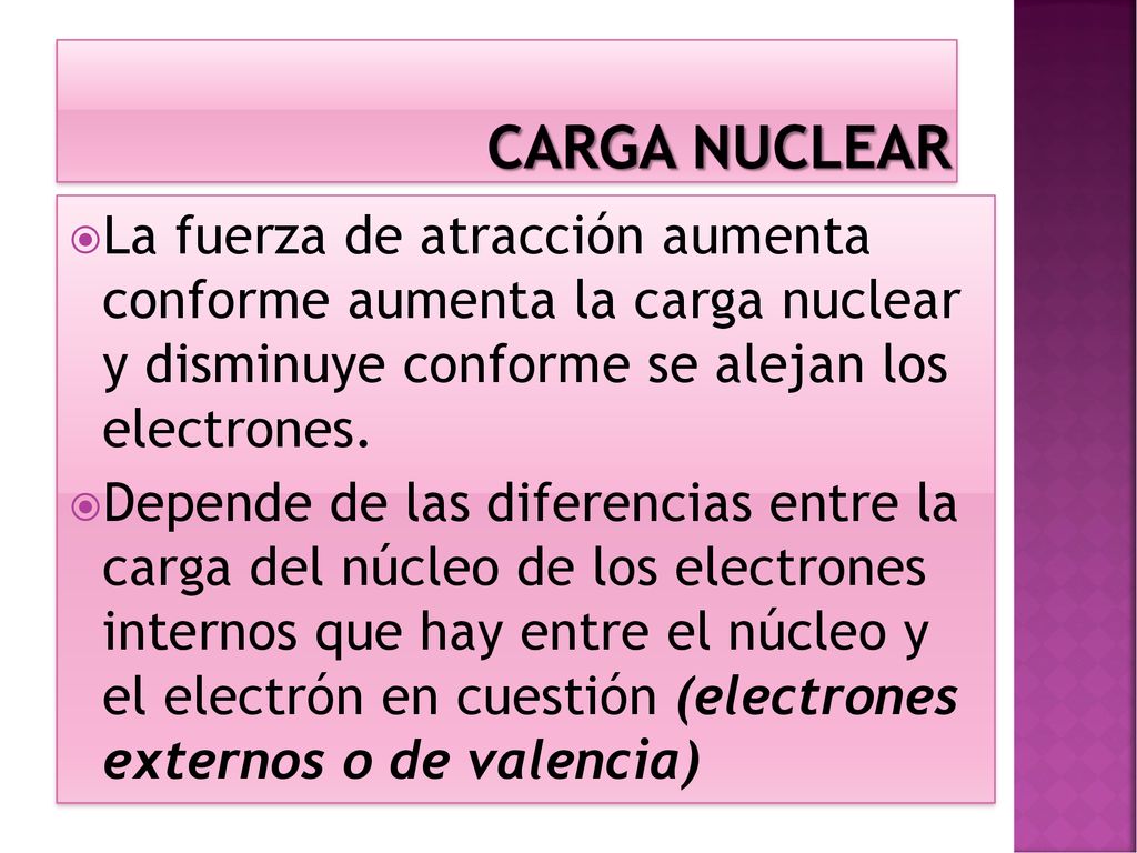Carga nuclear La fuerza de atracción aumenta conforme aumenta la carga nuclear y disminuye conforme se alejan los electrones.
