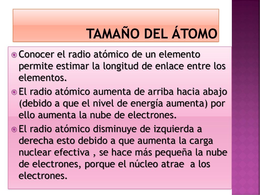 TAMAÑO DEL ÁTOMO Conocer el radio atómico de un elemento permite estimar la longitud de enlace entre los elementos.