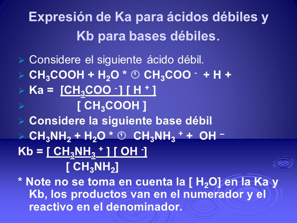 Expresión de Ka para ácidos débiles y Kb para bases débiles.