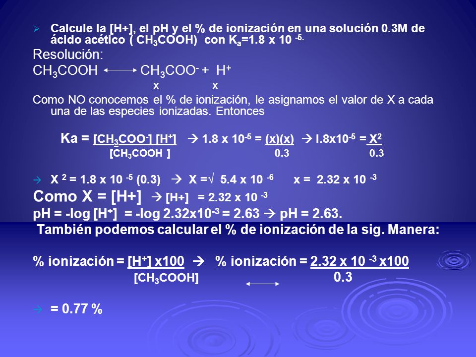 Ka = [CH3COO-] [H+]  1.8 x 10-5 = (x)(x)  l.8x10-5 = X2