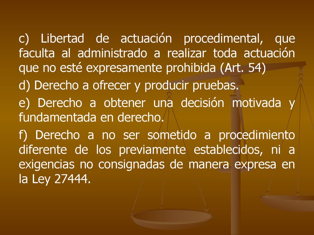 c) Libertad de actuación procedimental, que faculta al administrado a realizar toda actuación que no esté expresamente prohibida (Art. 54)