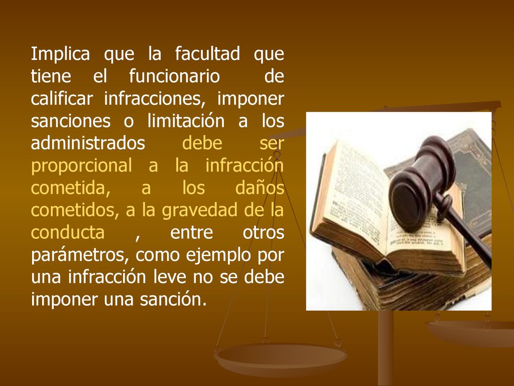 Implica que la facultad que tiene el funcionario de calificar infracciones, imponer sanciones o limitación a los administrados debe ser proporcional a la infracción cometida, a los daños cometidos, a la gravedad de la conducta , entre otros parámetros, como ejemplo por una infracción leve no se debe imponer una sanción.
