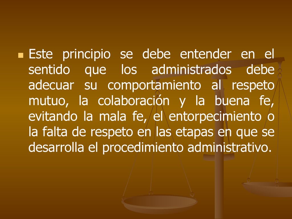 Este principio se debe entender en el sentido que los administrados debe adecuar su comportamiento al respeto mutuo, la colaboración y la buena fe, evitando la mala fe, el entorpecimiento o la falta de respeto en las etapas en que se desarrolla el procedimiento administrativo.