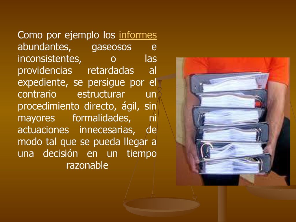 Como por ejemplo los informes abundantes, gaseosos e inconsistentes, o las providencias retardadas al expediente, se persigue por el contrario estructurar un procedimiento directo, ágil, sin mayores formalidades, ni actuaciones innecesarias, de modo tal que se pueda llegar a una decisión en un tiempo razonable