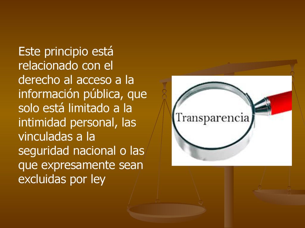 Este principio está relacionado con el derecho al acceso a la información pública, que solo está limitado a la intimidad personal, las vinculadas a la seguridad nacional o las que expresamente sean excluidas por ley