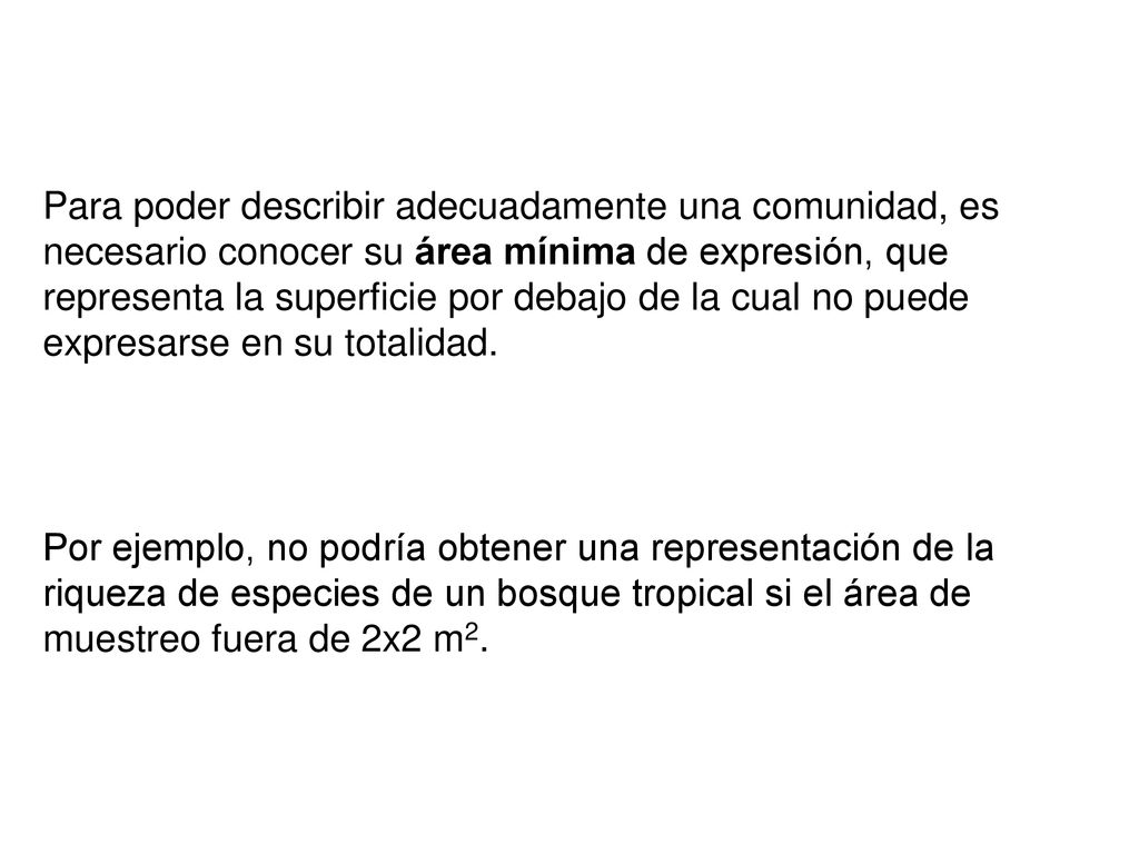 Para poder describir adecuadamente una comunidad, es necesario conocer su área mínima de expresión, que representa la superficie por debajo de la cual no puede expresarse en su totalidad.
