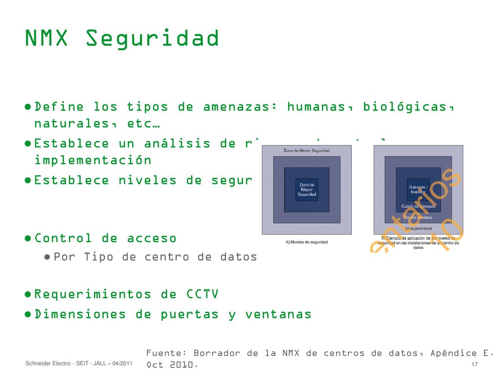NMX Seguridad Define los tipos de amenazas: humanas, biológicas, naturales, etc… Establece un análisis de riesgos durante la implementación.