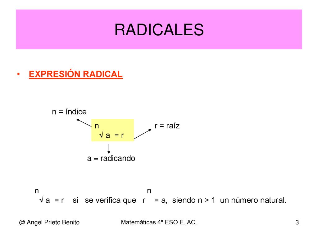 RADICALES EXPRESIÓN RADICAL n = índice n √ a = r r = raíz