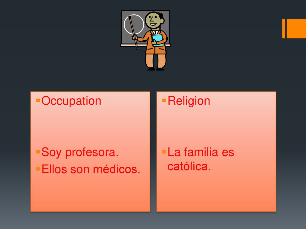 Occupation Soy profesora. Ellos son médicos. Religion La familia es católica.