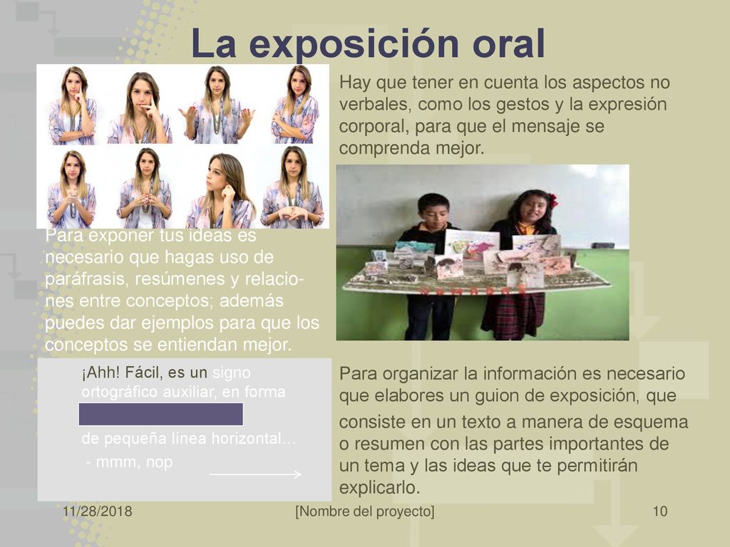 La exposición oral Hay que tener en cuenta los aspectos no verbales, como los gestos y la expresión corporal, para que el mensaje se comprenda mejor.