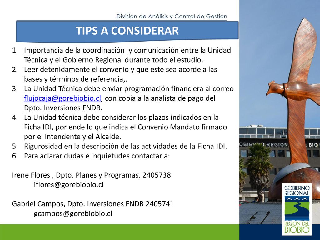 TIPS A CONSIDERAR Importancia de la coordinación y comunicación entre la Unidad Técnica y el Gobierno Regional durante todo el estudio.