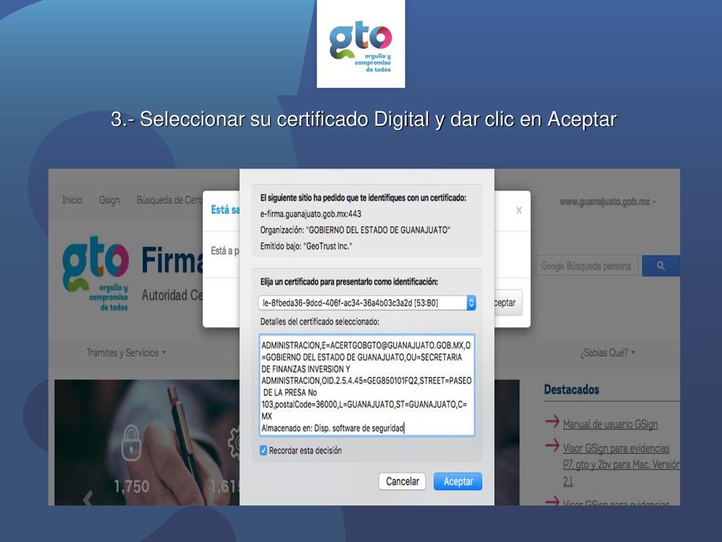 3.- Seleccionar su certificado Digital y dar clic en Aceptar