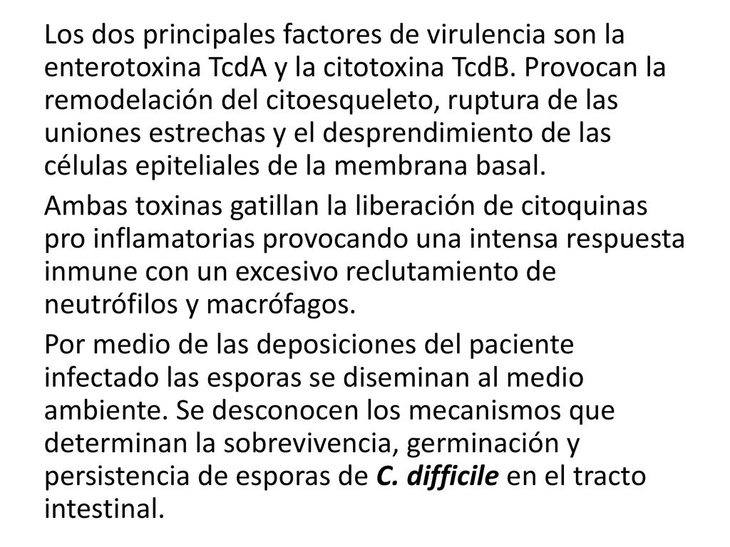 Los dos principales factores de virulencia son la enterotoxina TcdA y la citotoxina TcdB. Provocan la remodelación del citoesqueleto, ruptura de las uniones estrechas y el desprendimiento de las células epiteliales de la membrana basal.