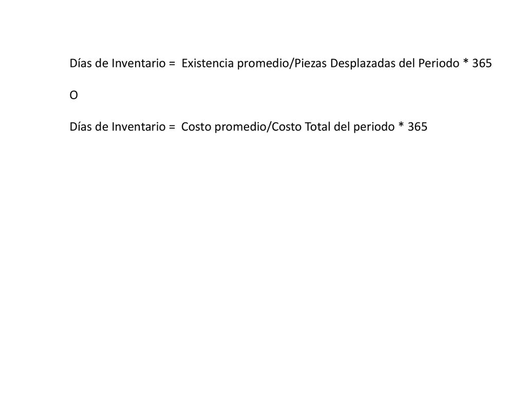 Días de Inventario = Existencia promedio/Piezas Desplazadas del Periodo * 365