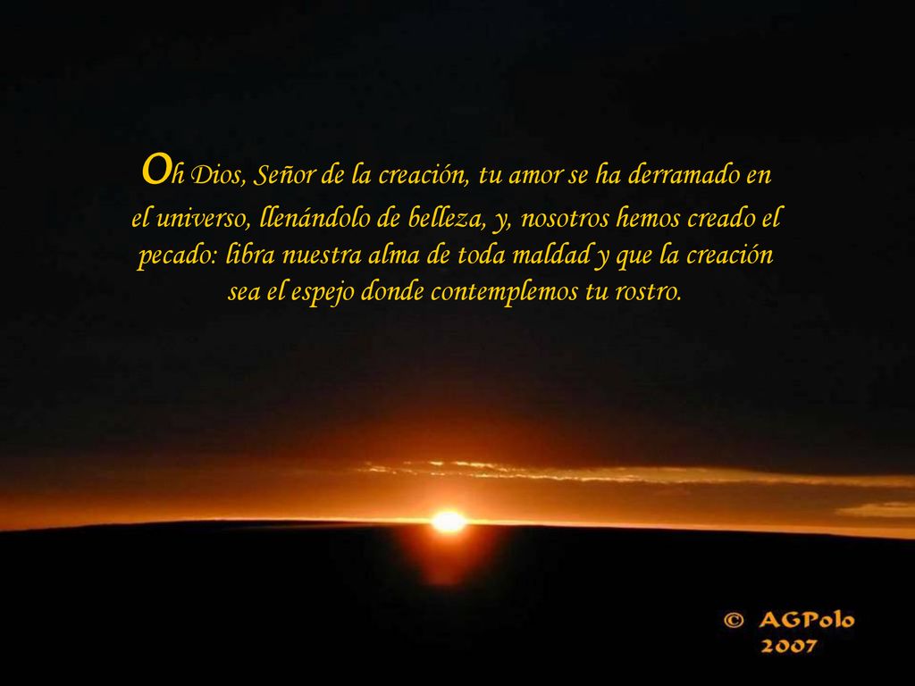 Oh Dios, Señor de la creación, tu amor se ha derramado en el universo, llenándolo de belleza, y, nosotros hemos creado el pecado: libra nuestra alma de toda maldad y que la creación sea el espejo donde contemplemos tu rostro.