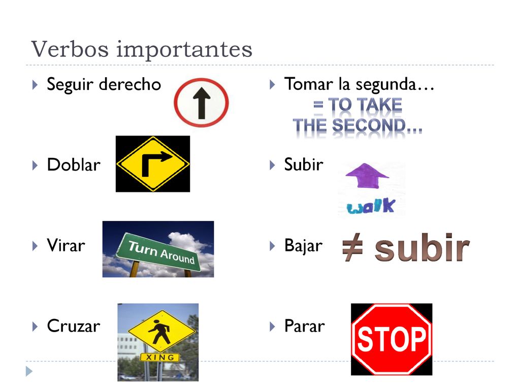 ≠ subir Verbos importantes Seguir derecho Doblar Virar Cruzar