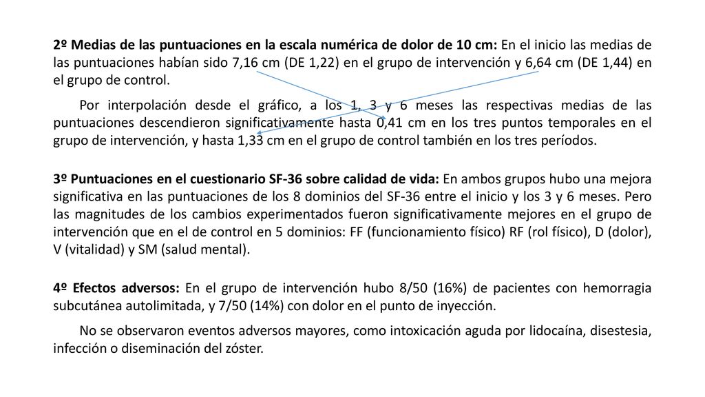 2º Medias de las puntuaciones en la escala numérica de dolor de 10 cm: En el inicio las medias de las puntuaciones habían sido 7,16 cm (DE 1,22) en el grupo de intervención y 6,64 cm (DE 1,44) en el grupo de control.