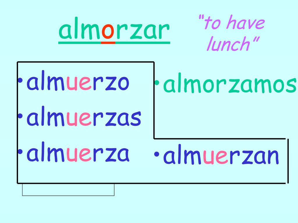 almorzar almuerzo almorzamos almuerzas almuerza almuerzan to have