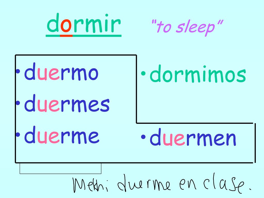 dormir to sleep duermo duermes duerme dormimos duermen
