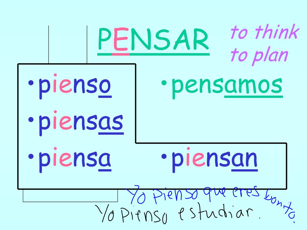 PENSAR to think to plan pienso piensas piensa pensamos piensan