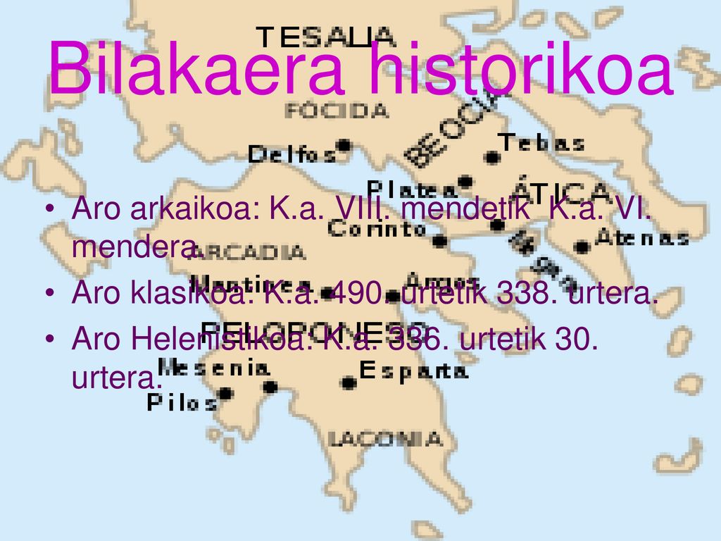 Bilakaera historikoa Aro arkaikoa: K.a. VIII. mendetik K.a. VI. mendera. Aro klasikoa: K.a urtetik 338. urtera.